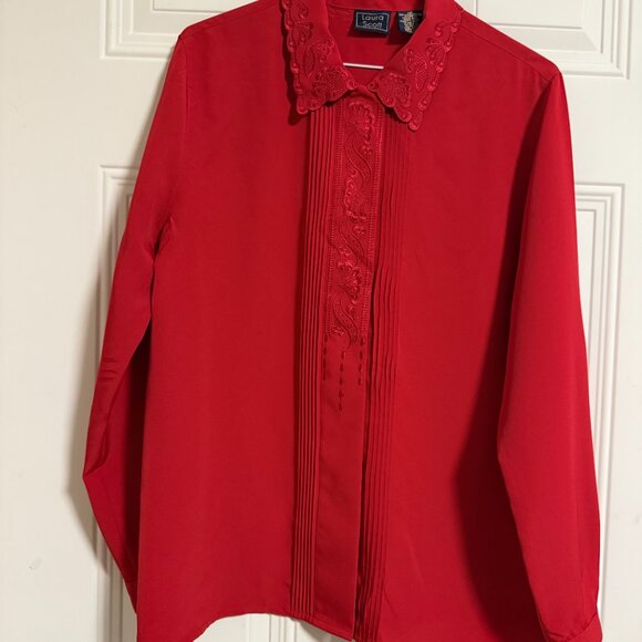 Laura Scott Red Blouse SZ 10 Embroidered Pleated Chic Sunday Best Valentine's - Picture 2 of 5